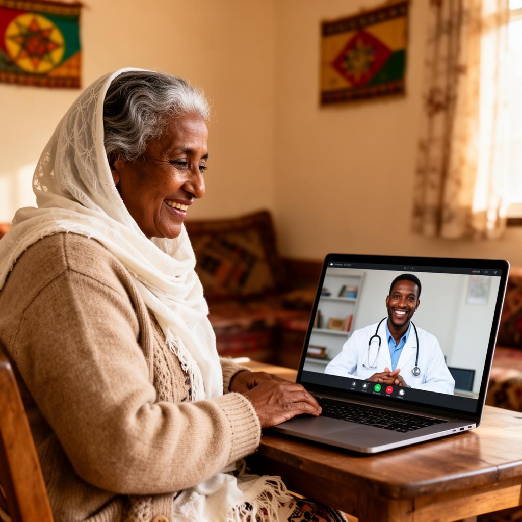 Older Habesha woman on a telehealth video call with her doctor