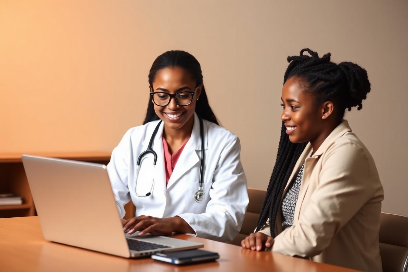 Female Habesha physician mentor on a video chat with a high school student