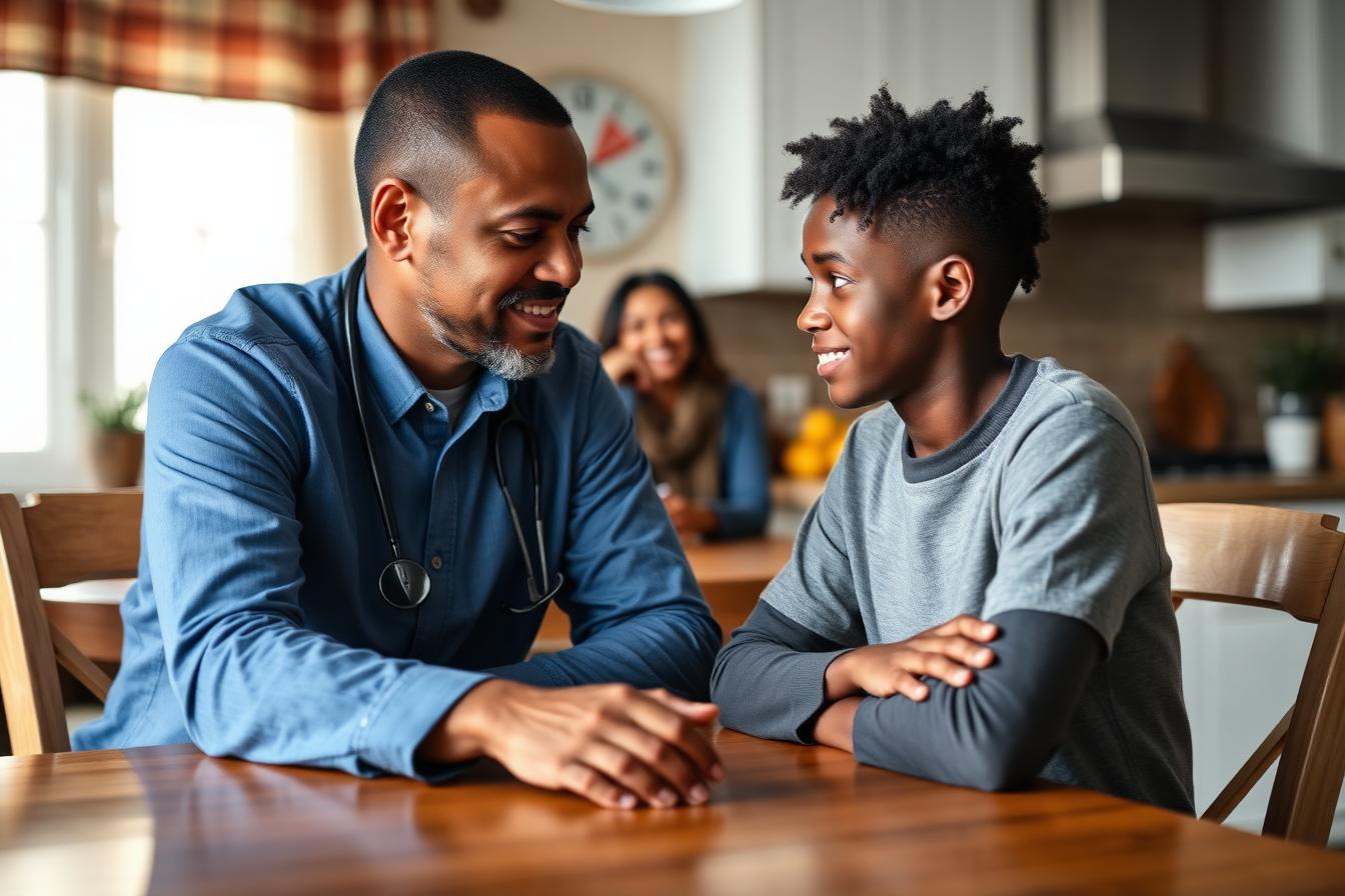 Male Habesha doctor mentoring a teenage boy at home with a parent present