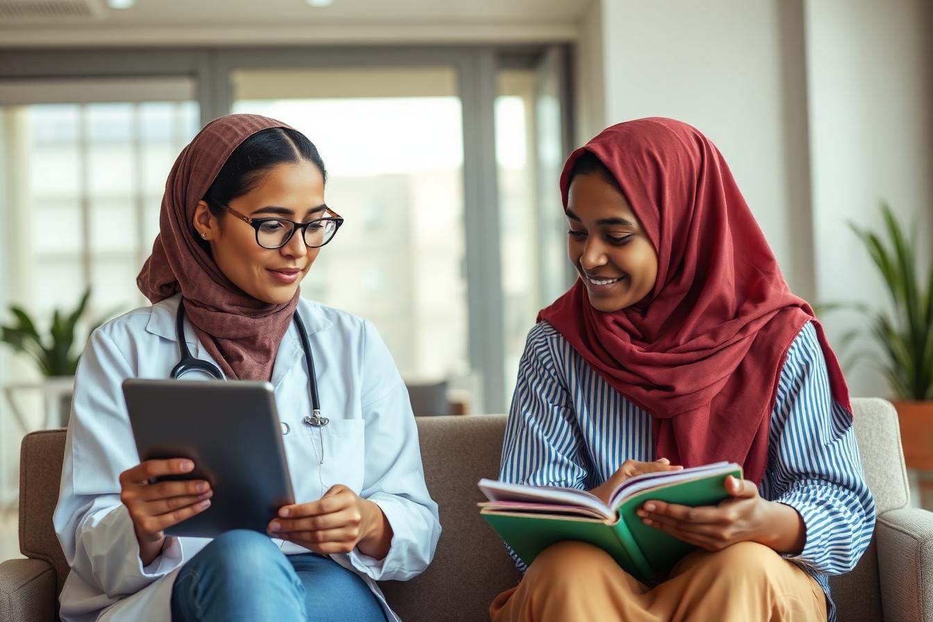 Female physician mentoring a Habesha teenage girl with books and a tablet