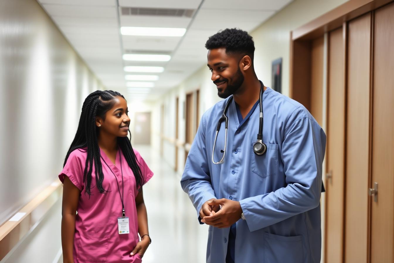 Male physician mentoring a Habesha teen in a hospital hallway