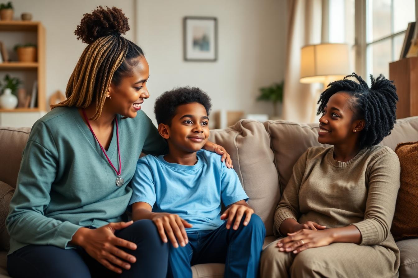 Female mentor visiting a Habesha family home with parent and teen